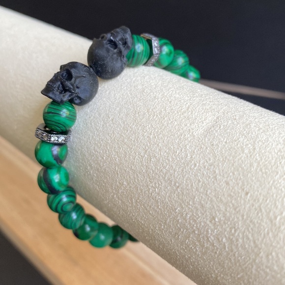 Malachite Skull Bracelet with Micro Pave CZ Hex Beads - Picture 4 of 4